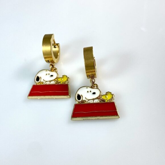 Snoopy Dog & Woodstock on Stainless Steel Huggie Hoop Earrings - Picture 5 of 9